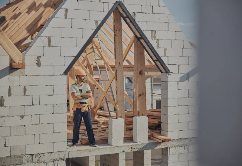 Kierownik budowy nadzorujący prace przy budowie domu murowanego.